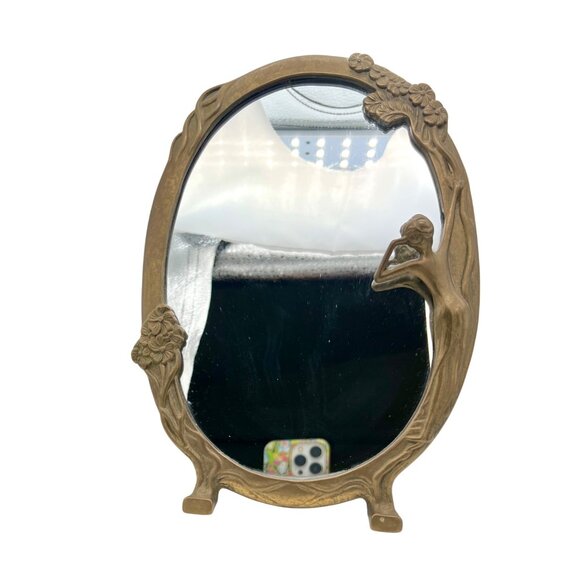 Vintage Art Nouveau Free Standing Brass Vanity Mirror Woman Floral Design 10.5"H - Picture 3 of 9